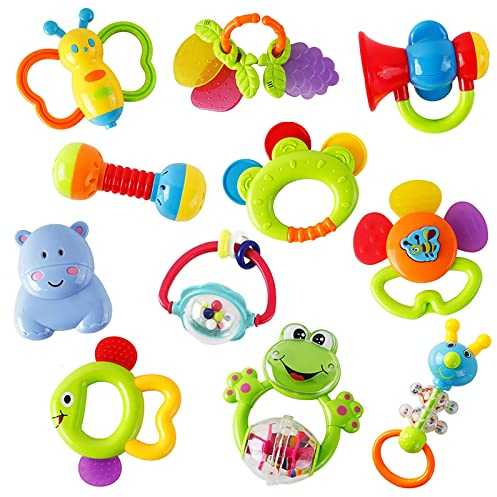 WISHTIME Rassel Beißring Set - Shaker, Greifen, Rassel & Frühe Lernspielzeug für Jungen & Mädchen ab 0-3-6-9 Monate - 11 PCS Baby Kleinkind Spielzeug Geschenke