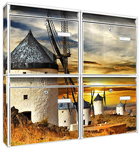 banjado Briefkastenanlage 4 Fach - Postkästen groß - verzinkter Stahl weiß DIN A4 Motiv Windmühlen - Briefkasten Set 4 Briefkästen Namensschild, 2 Schlüssel, Montagematerial