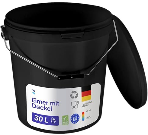 BenBow - Eimer mit Deckel 100x 30 Liter schwarz - lebensmittelecht, stabil luftdicht auslaufsicher geruchsneutral Aufbewahrungsbehälter aus Kunststoff mit Metalgriff - leer, Lagerbehälter, mit Griffen