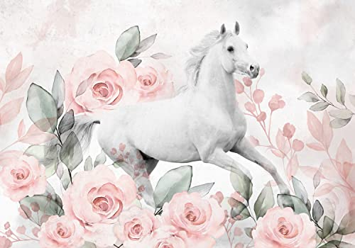 decomonkey Fototapete selbstklebend Pferd 196x140 cm Selbstklebende Tapeten Wand Fototapeten Tapete Wandtapete klebend Klebefolie Deko Modern Kinderzimmer Rosen Rosa Blumen Beton Optik Tiere
