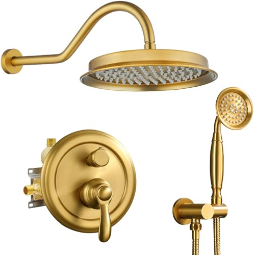 Homekicen Brushed-Gold Shower Faucets-Sets Complete: Antique Rain Shower System in Wall, 9 inch Rainfall Head and Handheld Spray, Pressure Balance Brass Valve with Trim Kit