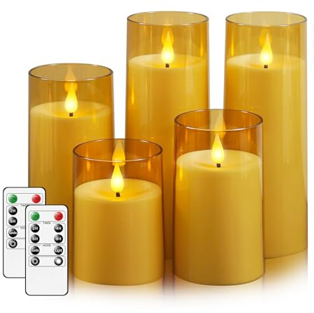 Fo32won Amber LED Flameless Pillar Candles Battery Operated with Remote Timer, 5 Pack 3D Flickering Acrylic Candles for Home Living Room Bedroom Fireplace Wedding Party Holiday Decor & Gift