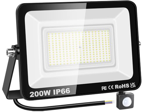 RIGIDON 200W 20000LM Floodlight Outdoor Motion Sensor, White Security Light | 6000K Daylight, PIR, Super Bright, IP66 Waterproof, Garden Wall Flood light for Garage, Yard, Sports Ground, Patio