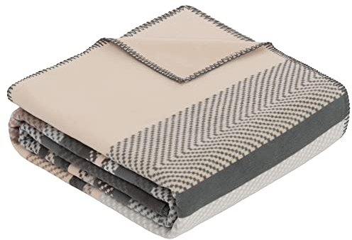 Ibena Brandon Bio Wolldecke 140x200 cm - 100% Baumwolle, Made in Germany, Baumwolldecke gestreift grau beige