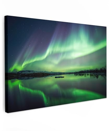 MuchoWow© Bilder Groß XXL Wohnzimmer Deko Modern Wandbild Foto auf Leinwand | 120x80 cm - Bild Schlafzimmer Room Decor Geschenke Landschaftsbilder - Natur - Nordlichter - See - Grün - Wald - Schnee