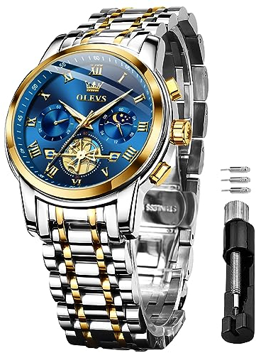 OLEVS Herrenuhren Blau Edelstahlarmband Quarz Uhr Männer mit Römischen Zahlen Mondphase Wasserdicht Leuchtende Klassische Elegantes Armbanduhr Geschenk Sale Marken