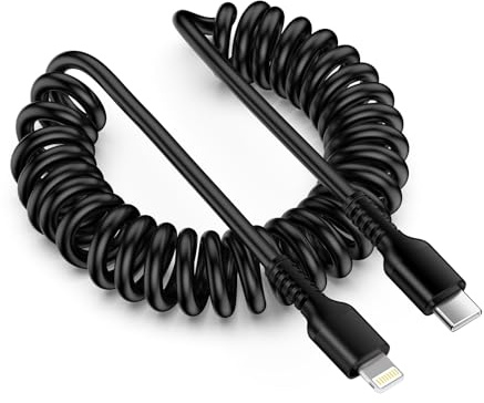 Spiralkabel USB C auf Lightning Kabel, Apple Carplay USB C Ladekabel mit Datenübertragung, Einziehbares Usbc auf lightningkabel Apple MFi-Zertifiziert, Spiral Auto Kabel für iPhone 14/13/12/11/i Pad