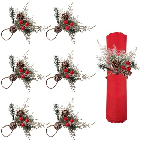 Christmas Napkin Rings, 6 Pcs Pine Cones Red Berries Christmas Napkin Rings Napkin Holder Buckles Table Decoration for Xmas Wedding Anniversary Dinner Party