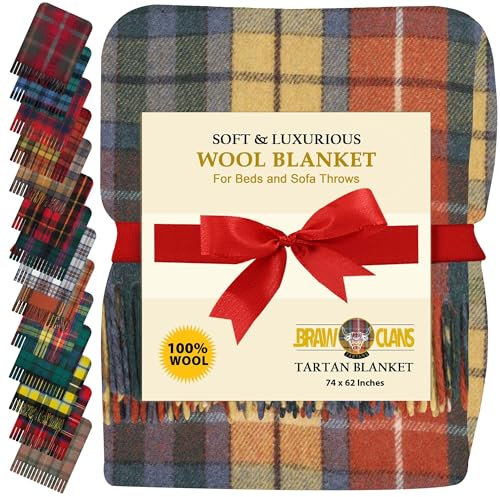BRAW CLANS TARTANS 100% Pure Wool comfort Tartan Blankets for beds, Sofa throws - Winter warm large size 74x62 Inches - Scottish plaid check Cozy Rug - Fringed edges, Soft - (Buchanan Antique Tartan)