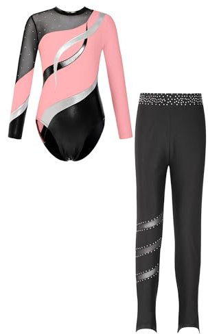 Alvivi Mädchen Turnanzug Langarm Gymnastikanzug Patchwork Ballettanzug mit Leggings Hose Trikotanzug Akrobatik Anzug Eislaufen Tanzkostüm Rosa 170-176