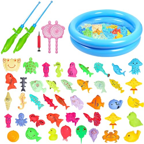 YANGUN Angeln Spielzeug, 50PCS Badespielzeug Angelspiel, Angelspiel für Kinder mit Wasser, Magnet Angelspiel Kinder,Baby Badespielzeug Wasserspielzeug mit Runden Fischteich Angeln Geschenk für Kinders