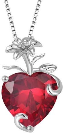 YL Collier Cœur Argent 925 taillé Juillet Pierres de Naissance Rubis Fleur de lys Pendentif pour Femme