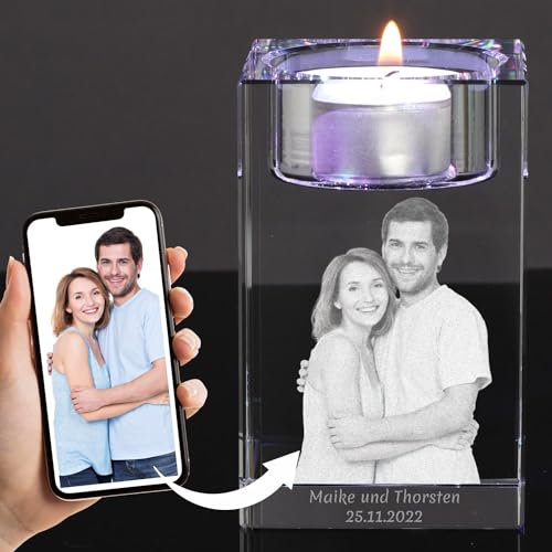 Personalisiertes 3D Glasfoto Teelicht mit individueller Gravur Einzigartiges Geschenk für Frauen, Männer, Mama, Papa und Partner