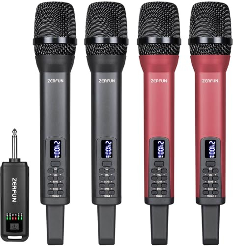 ZERFUN 4 microfoni wireless ricaricabili, sistema di microfoni senza fili con controllo VOL Echo Treble BASS per karaoke, canto, feste in chiesa, uscita 1/4, grigio e rosso