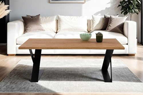 SAM B-Ware Couchtisch 110x60cm Balto, Wildeiche massiv + geölt, Sofatisch mit schwarzem X-Metallgestell, Tischplatte mit echter Baumkante