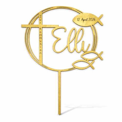 Birdart Box® Taufe, Konfirmation, Kommunion Tortenstecker mit Namen – personalisierter Tortenstecker aus umweltfreundlichem Holz, stabiler Cake Topper 15cm Durchmesser (Gold)
