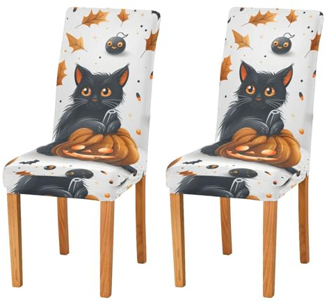 JUMBEAR Stuhlhussen mit Halloween-Kürbis und schwarzer Katze, für Esszimmer, dehnbar, abnehmbar, waschbar, Küchenstuhlbezug, dekorativer Sitzschutz, 4 Stück
