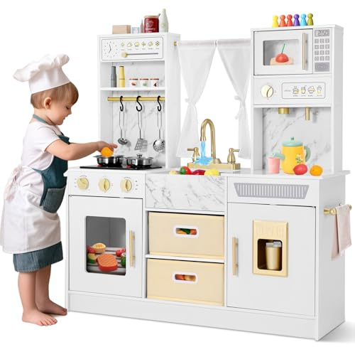 Kids Wooden Kitchen, Large Pretend Play Kitchen Toys with Sound and Light | Children Toy Kitchen, Realistic Oven, Microwave, Water Dispenser, Sink with Taps, Kitchen Playset, for Kids, Toddlers, Age 3+