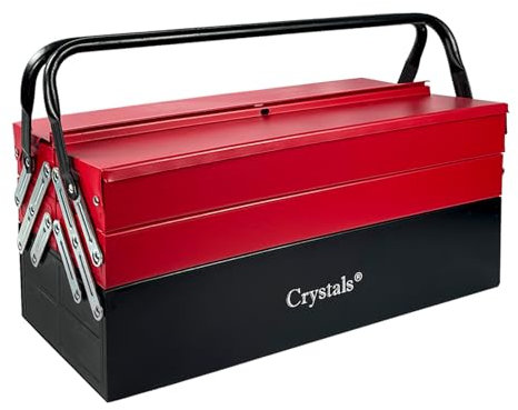 Crystals Tool Box Organiser - 3 Level Metal Tool Storage with 5 Trays - Cantilever Tool Box with Compartments - Portable Tool Organisers Garage, Red/Black
