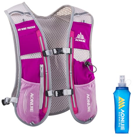 TRIWONDER Hydrationsryggsäck löpning 5L löparväst för herr dam maratonlopp vandring cykling (rosa röd - med mjuk vattenflaska (500 ml), en storlek)