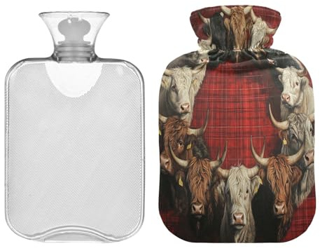 JUMBEAR Wärmflaschen mit Kuh- und Büffelgittermuster, mit weichem Bezug, Schmerzlinderung, Wärmbeutel, 1 l, für Handfüße, warme Wassersäcke, bequem schlafen