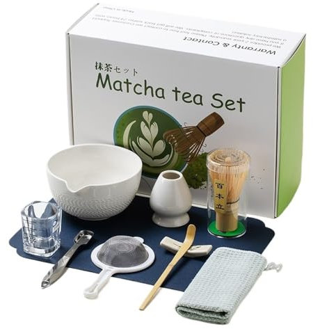 Japanese Matcha Tea Set 10 Pcs Ceramic Matcha Bowl, Ceramic Whisk Holder, Matcha Whisk, Scoop, Sifter, Matcha Caddy, Tea Making Kit, Handmade Japanese Tea Ceremony Matcha Tea Kit(White-a)