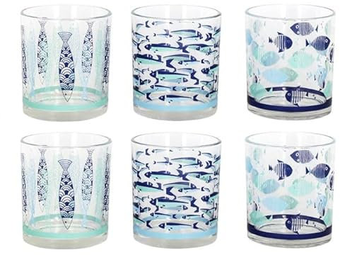 Maury's Set di 3 Bicchieri in Vetro per Acqua, da Tavola Celesti Marini Disegni di Pesci Vetro Resistente Per Pranzo Cucina Aperitivo Tradizionali (6)
