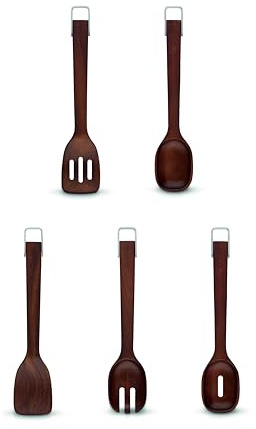 Sur La Table, Set of 5 Wooden Utensils, Solid Turner/Solid Spoon/Slotted Turner/Slotted Spoon/Salad Fork, Easy to Clean, Walnut