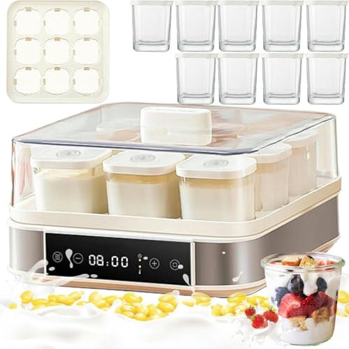 YLANMEI Yogurtera Eléctrica, Yogurtera con 9 Tarros de Cristal de 170ml, Práctica y Compacta Yogurtera, con Temporizador, Termostato Regulable y Pantalla LED, 40 W, para Postres Caseros Saludables