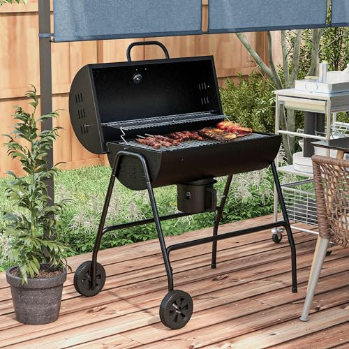 Barbecue à charbon de bois en métal avec couvercle, bac à charbon réglable, poignées, chariot de barbecue mobile, barbecue à charbon de bois, camping, terrasse, 95x71,5x102 cm