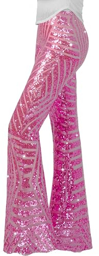 Nawgut Damenhose mit glitzernden Pailletten, ausgestellt, hoher Bund, weites Bein, Partyhose, Rosa, L