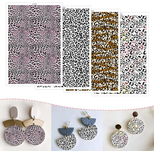8 Stück Leopard-Ton-Transferpapier für Ohrringe Schmuck, 4 schwarze Leopard-Designs 8 Blätter Polymer-Ton-Transferpapier, wasserlösliche Dekor-Blätter für Ton-Ohrringe Schmuckherstellung 14,78 x 10 cm