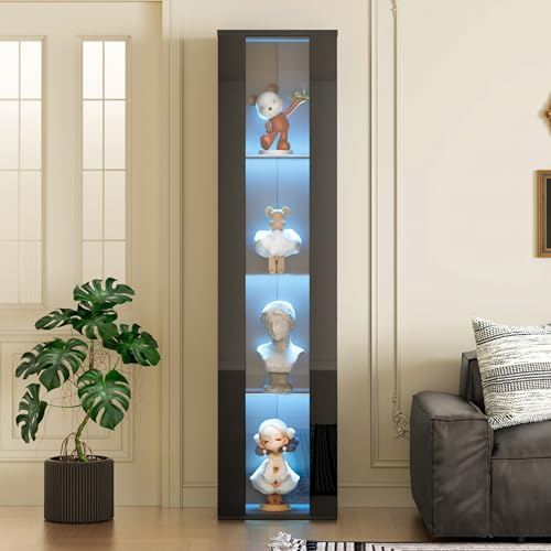 Merax Vitrine 40x29x170cm, Multifunktionale Glasvitrine mit LED-Farbwechsellicht, Fernbedienung/App-Steuerung, Acrylplatte, 4 Ausstellungsflächen, Modernes Design, Einfach zu montieren, Schwarz