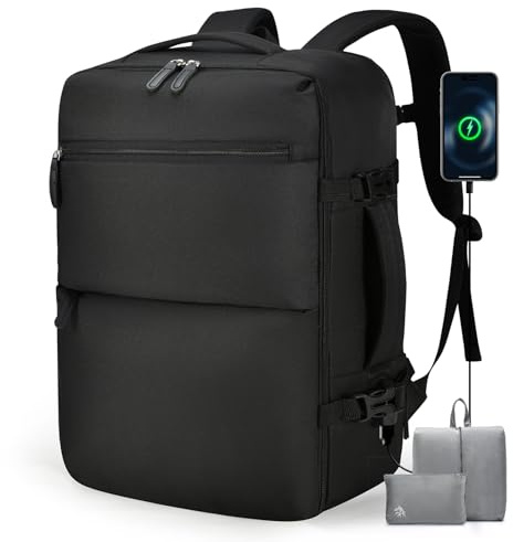 BAGROUPS Handgepäck Rucksack 45x36x20 für EasyJet 32L Groß Rucksack Flugzeug 15,6 Zoll Laptop Reiserucksack mit USB Ladeanschluss Erweiterbar Schulrucksack für Herren Damen Business Arbeit Schwarz