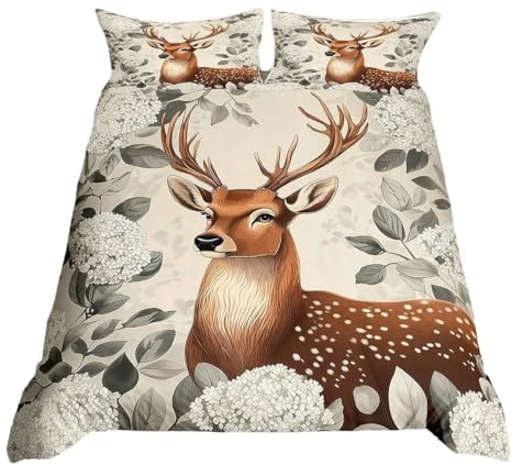 Homewish Rustic Deer Duvet Cover for Adults Women, Elegant Wild Animal Print Single Bedding Sets for Girls, Aesthetic White Floral Quilt Cover Botanical Flowers Bed Sets, Black Reversible
