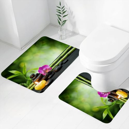 FEHWI Badematten Set 2-teilig, Badematten und WC Vorleger rutschfest & Waschbar,Entspanntes Spa - Steine, Orchideen und Kerzen, Kieselsteine, lila Orchideen,Luxus Dicke Mikrofaser Badezimmerteppich