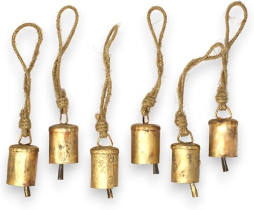 Set of 10 Bell Ornaments for Christmas Tree Rustic Decorations Vintage Bells Outdoor Chirstmas Gold Bells - Rustic Metal Handmade Lucky Cowbells Tin Metal Tree Decoration with Rope