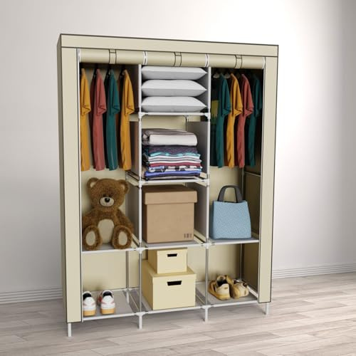 Coemo Faltbarer Kleiderschrank, 130x45x175 cm, Farbe Beige, Stoffschrank | Tragbarer Schrank mit 2 Kleiderstangen, Regalen, 8 Ablageflächen, großes Fassungsvermögen für Schlafzimmer, Wohnzimmer