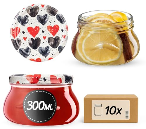 KADAX 10er Set Marmeladengläser 300ml TO82 Herzen, Einmachgläser Vorratsgläser Mason Jar mit Schraubdeckel, Luftdichte Schraubgläser, Honig & Konfitüre