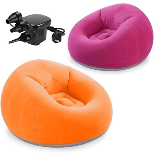 MSYU 2 Pcs Inflatable Bean Bag Chairs with Electric Air Pump Outdoor Blow up Chair Inflatable Lazy Sofa Folding Portable Loungers Couch for Living Room Bedroom (Orange, Pink)