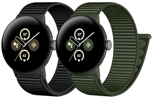 Maledan 2 stycken nylonarmband kompatibla med Google Pixel Watch 2 armband – kardborreband, nylon, sportband, för Google Pixel Watch 3, armband 4, 41 mm, för män och kvinnor, svart/armégrön