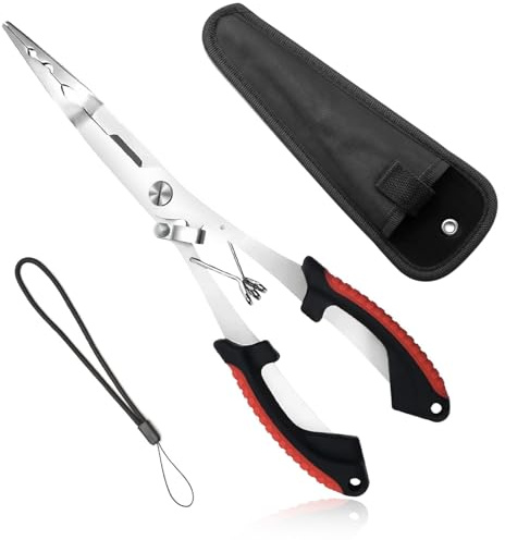 Long Nose Fishing Pliers with Scissors, Lanyard, Stainless Steel Fishing Hook Remover, Needle Nose Pliers Disgorgers/Pike Line Cutter Sea Multi kit with Sheath, Valentine's/Birthday/Surprise Gifts