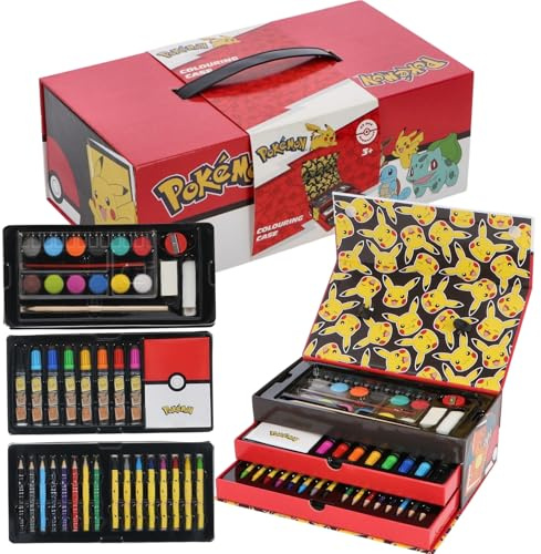 Pokémon Kinder-Kunstset | 52-teiliges Zeichen- und Mal-Papeterie-Set mit Markern, Buntstiften, Bleistiften und mehr | Pokémon Dokumentenmappe für Zeichnen und Malen