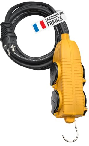 Brennenstuhl Rallonge électrique 10m H07RN-F 3G1,5, Bloc 4 Prises 16A | Bloc mobile 4 prises à clapets Powerblock, crochet rabattable, utilisation intérieur et extérieur, chantier, Made in France