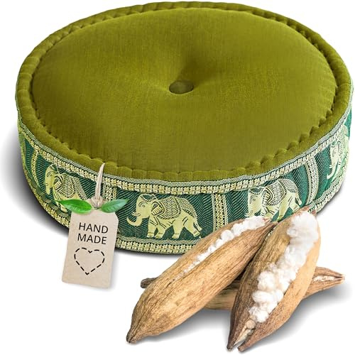 livasia Meditationskissen mit Thaiseide - Ø 45x15cm - Yogakissen mit Kapok, Pouf, Bodenkissen für Yoga und Zen Meditation, Sitzkissen für Garten und Balkon, Zafukissen (Grün/Elefanten Seide)
