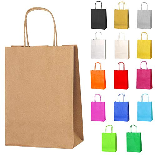 Thepaperbagstore 50 bruna pappersfestpåsar med handtag – 18 x 22 x 8 cm – Färgglada papperspresentpåsar för barn, fester, födelsedagar, bröllop, babyshowers, möhippa, godisaffärer och butiker