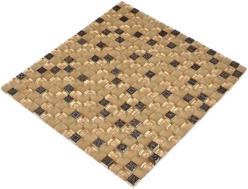Mosaik Quadrat Crystal/Stein/Resin mix beige/beige matt Glas Naturstein Ornament Fliesenspiegel, Mosaikstein Format: 15x15x8 mm, Mattengröße: 322x305 mm, 1 Matte