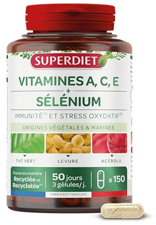 Vitamines A,C,E et Sélénium - Immunité et Stress oxydatif - Gélules | Cure de 50 jours - 150 gélules - Immunité, 100% d'origine végétale - Nutrithérapie - Fabrication française - Superdiet