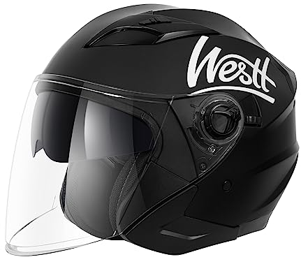 Westt Jethelm mit Visier und Sonnenblende Motorradhelm Herren Damen Rollerhelm Mopedhelm Mofa Chopper Helm Motorrad Halbhelm Open-Face-Helm Pilotenhelm ECE DOT Zertifiziert, Mattschwarz, M (57-58 cm)