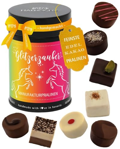 Hallingers Genuss Manufaktur Pralinen Geschenk - ohne Alkohol, handmade aus Confiserie-Edelkakao in wertiger Geschenkdose Einhornpralinen, Geschenkidee für Mädchen